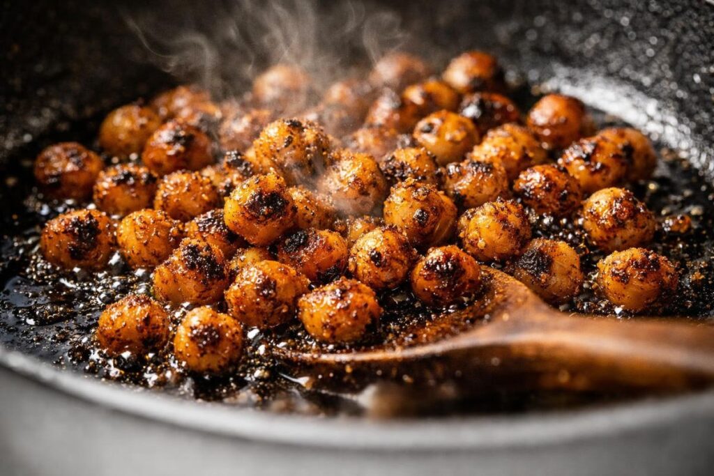 crispy charred chickpeas with smoky dark edges in cast iron skillet