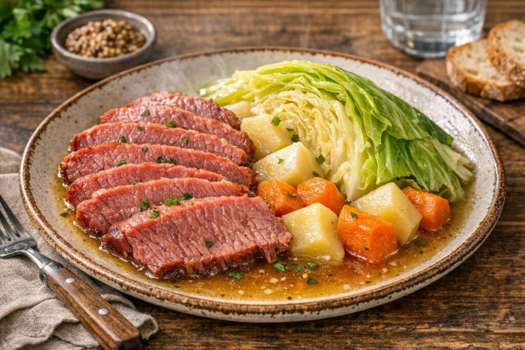 best corned beef and cabbage plated with sliced brisket cabbage potatoes and carrots