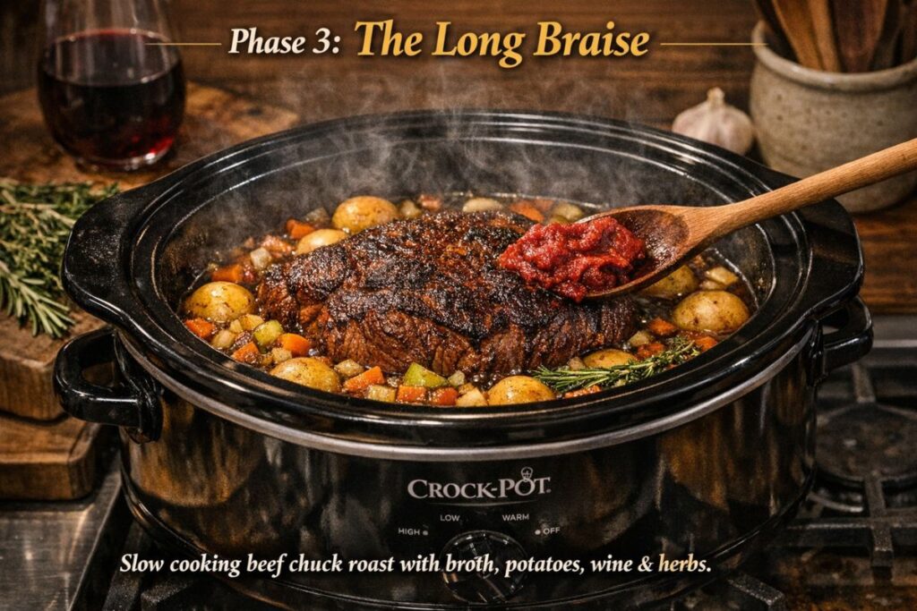Beef chuck roast slow cooking in a crock pot with broth, herbs, and potatoes.