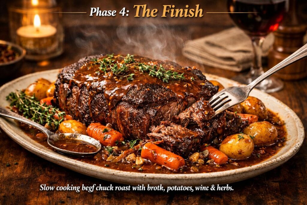 Finished melt-in-your-mouth pot roast served with rich sauce and fresh herbs.