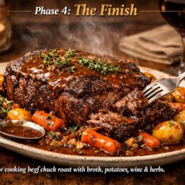 Quiet Sunday meal featuring crock pot roast with sides like honey glazed carrots and buttered green beans.