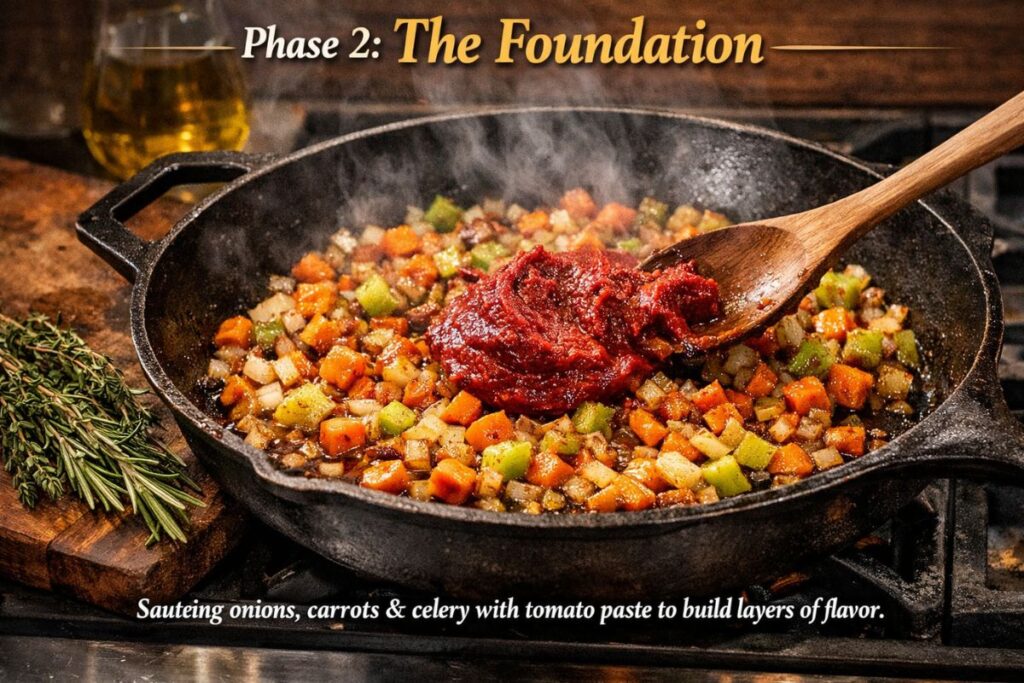 Sautéing aromatics for pot roast sauce base before transferring to crock pot.