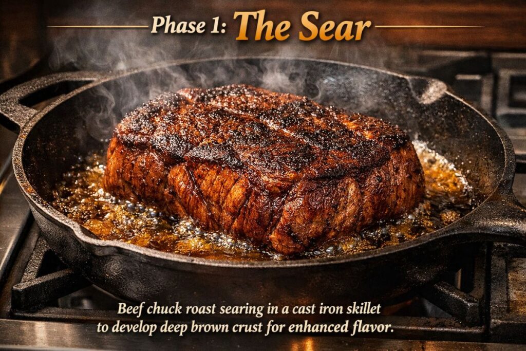 Beef chuck roast searing in a cast iron skillet to develop deep brown crust for enhanced flavor.