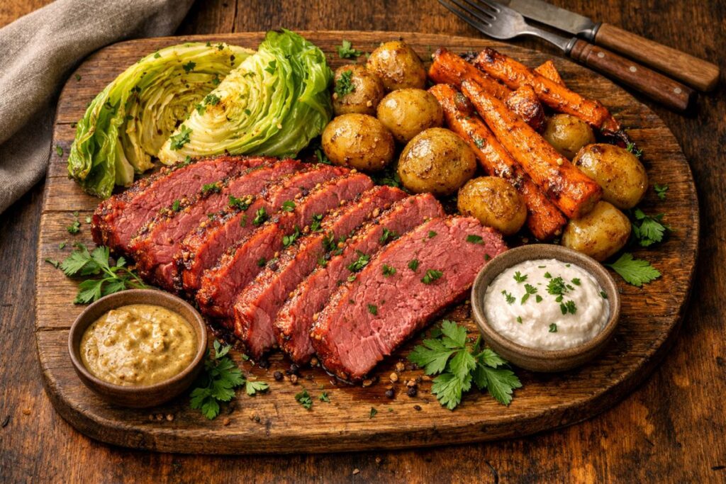 Sliced corned beef served with cabbage wedges, roasted carrots and potatoes, garnished with parsley and mustard sauce on a rustic board