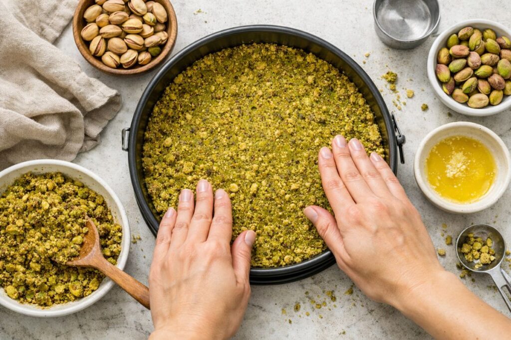 Ground pistachio and butter crust pressed into a springform pan for pistachio cheesecake base