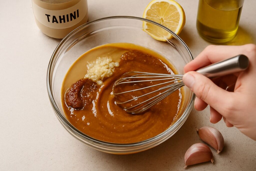 tahini, olive oil, lemon juice, garlic, and date paste are whisked into a glossy caramel-colored sauce.