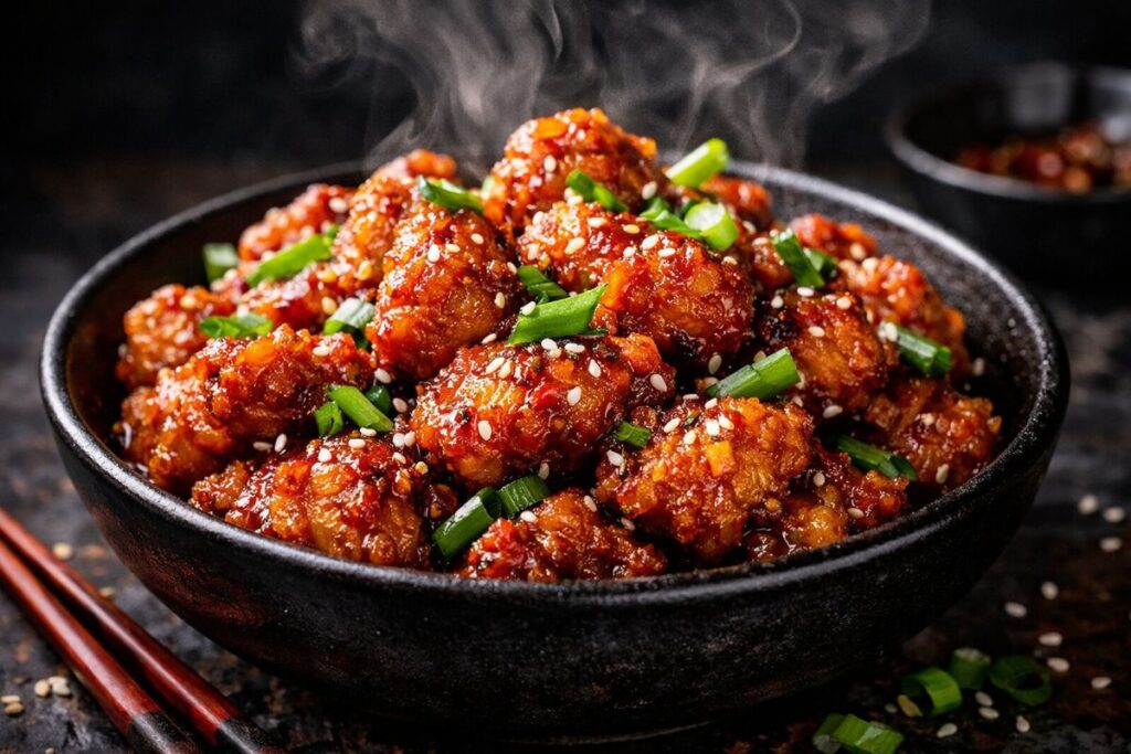 crispy air fryer chicken recipe with indo chinese chili sauce garnish