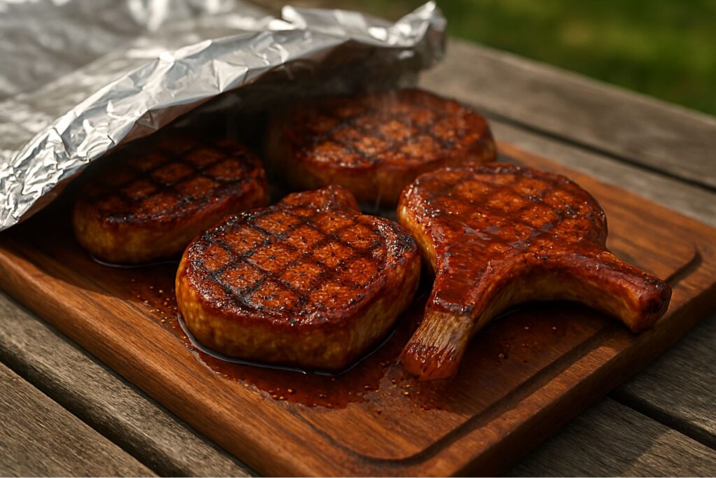 Grilled honey bourbon pork chops resting on a wooden board under foil to retain juices before serving.