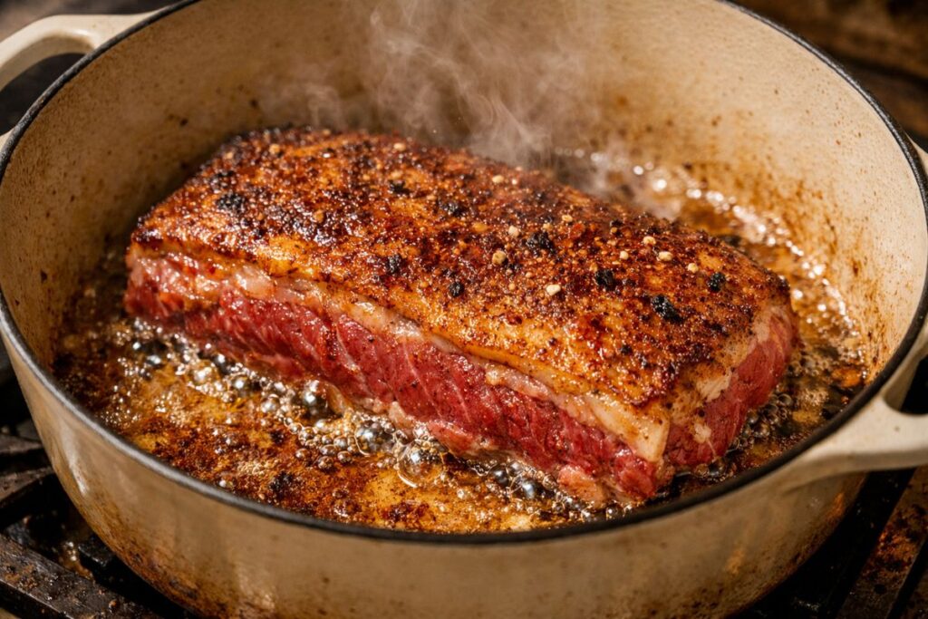 searing corned beef brisket in Dutch oven to build flavor before slow cooking