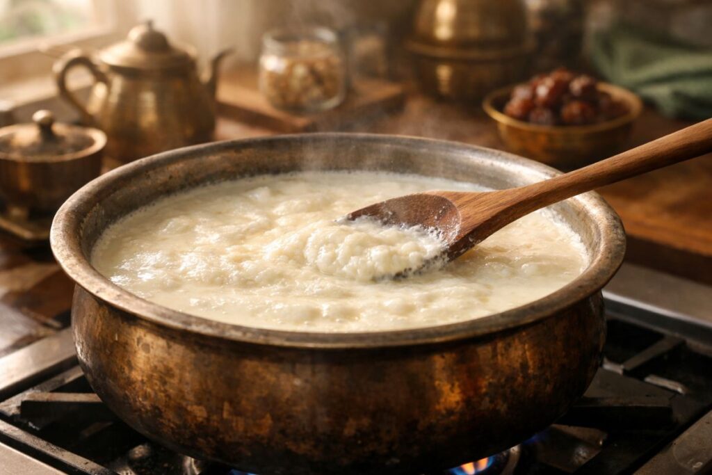 Slowly simmering full-fat milk in a heavy pot for creamy sheer khurma preparation.