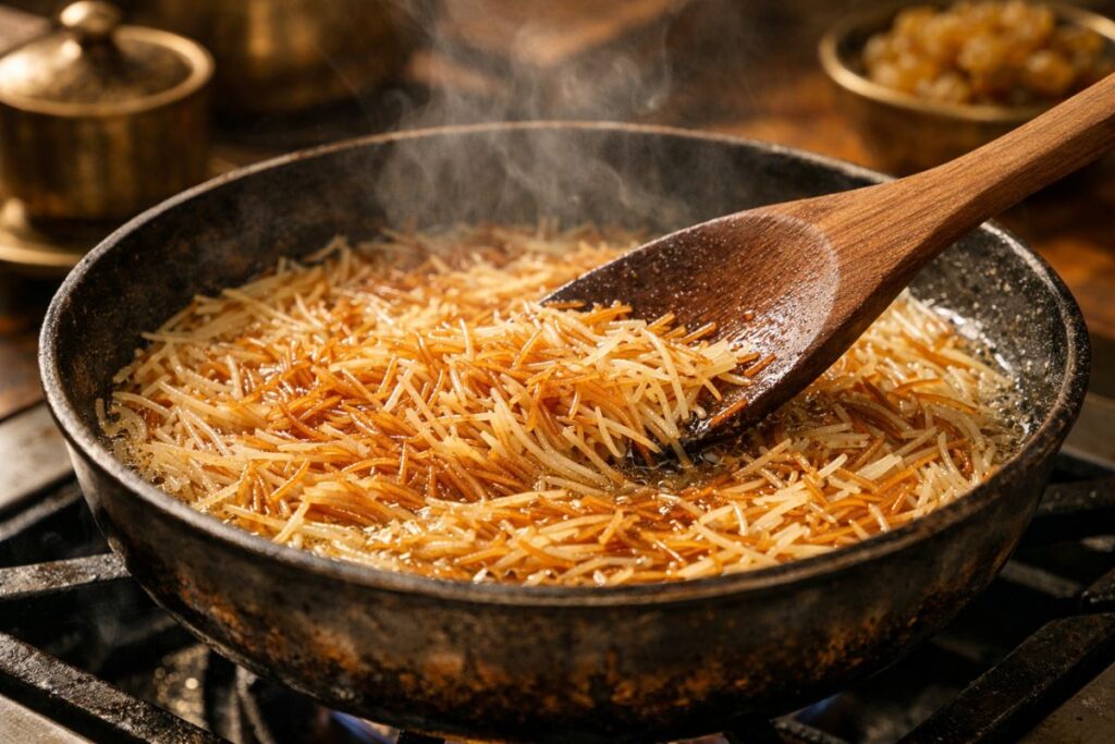 Almonds, pistachios, cashews and sliced dates frying in ghee for sheer khurma dry fruit mix.