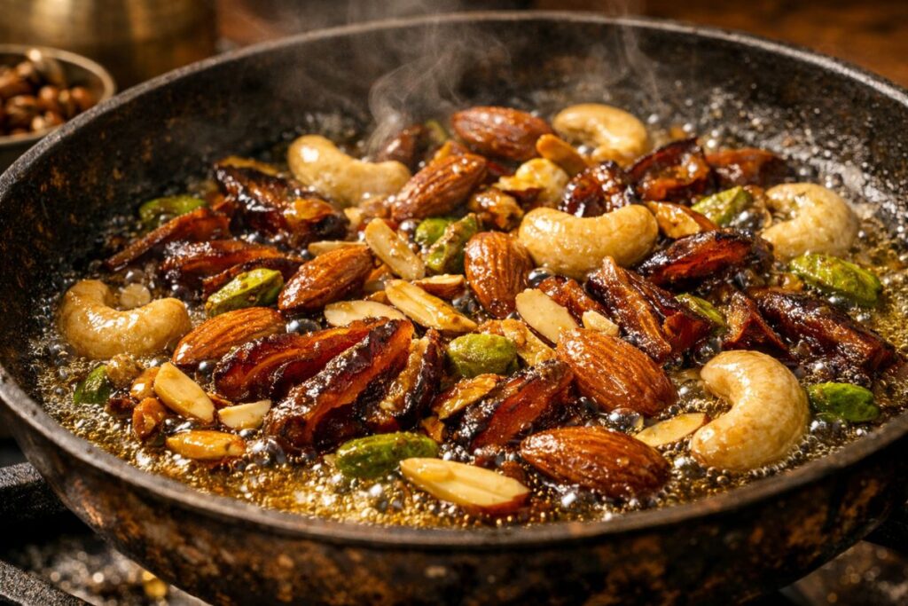 Roasting fine vermicelli in desi ghee until golden brown for authentic sheer khurma semiya.