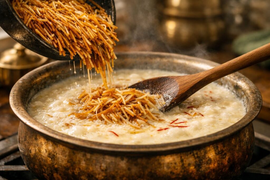 Roasted vermicelli cooking in thick reduced milk during sheer khurma preparation.