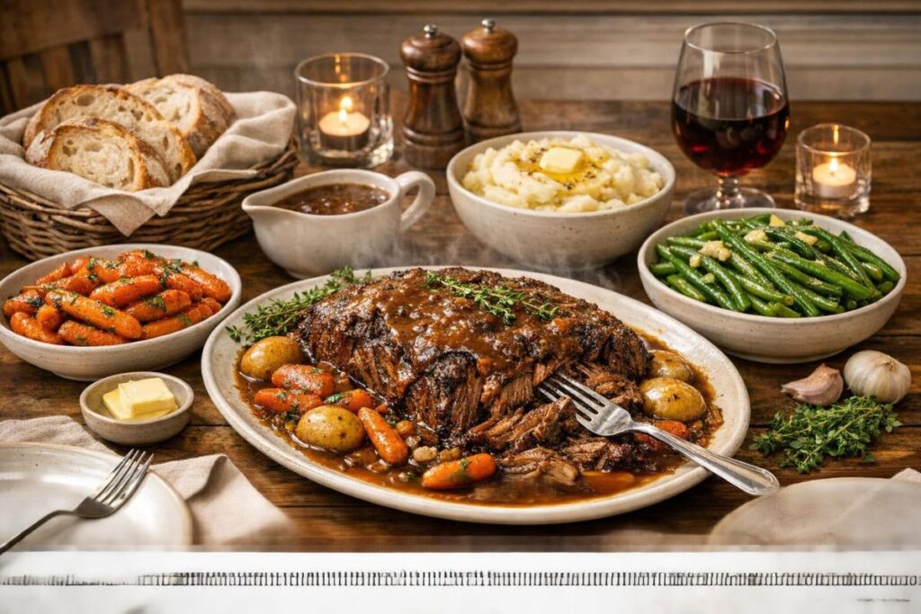Quiet Sunday meal featuring crock pot roast with sides like honey glazed carrots and buttered green beans.