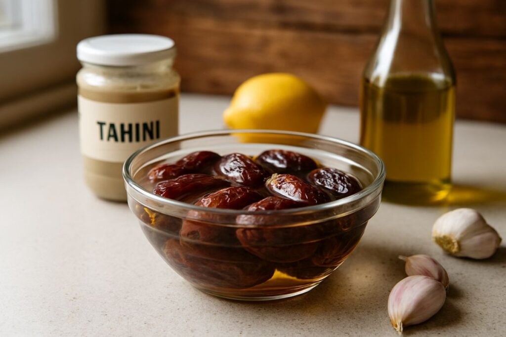 Medjool dates soaking in warm water to prepare the sticky glaze for this tahini salmon recipe