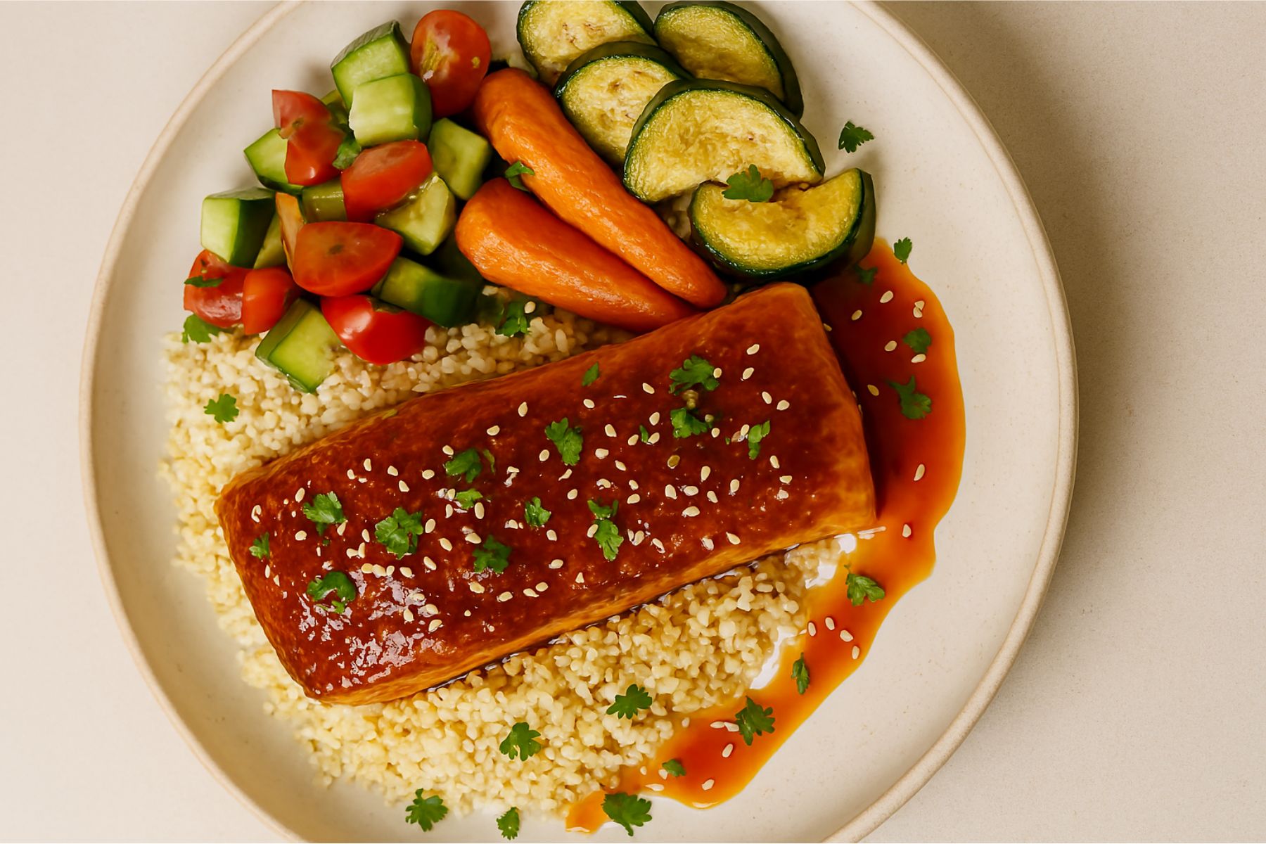 Sticky date and tahini salmon recipe with caramelized glaze and sesame seed garnish