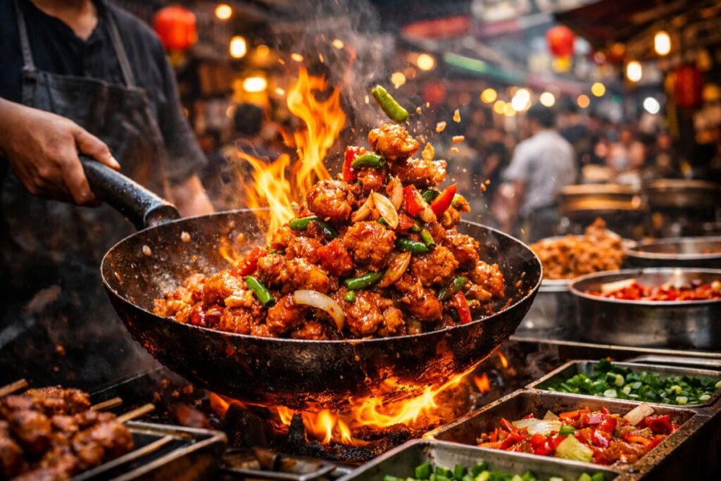 indo chinese chili chicken street food being cooked in wok tangra kolkata