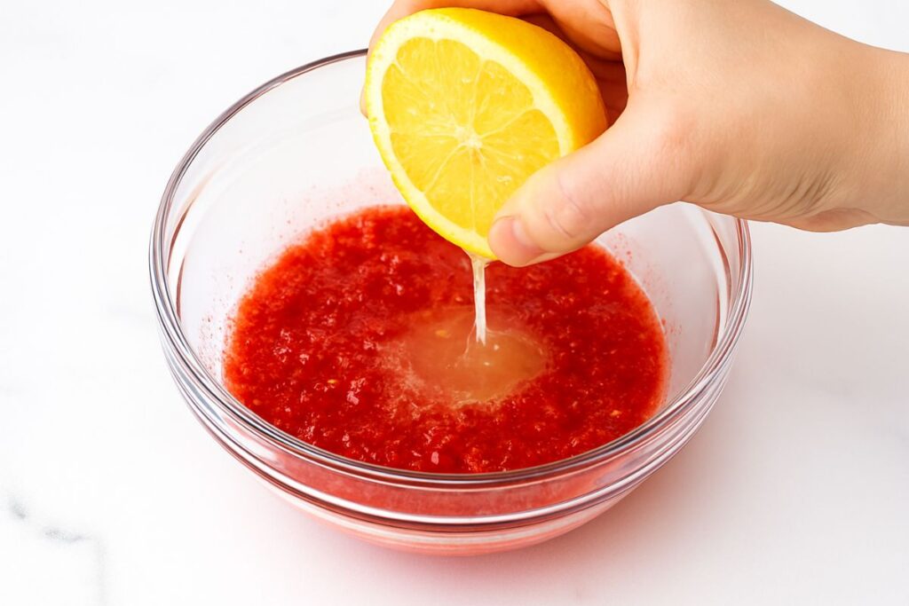 Fresh lemon juice being squeezed directly into a bowl of macerated red strawberries, showing the vibrant color contrast.
