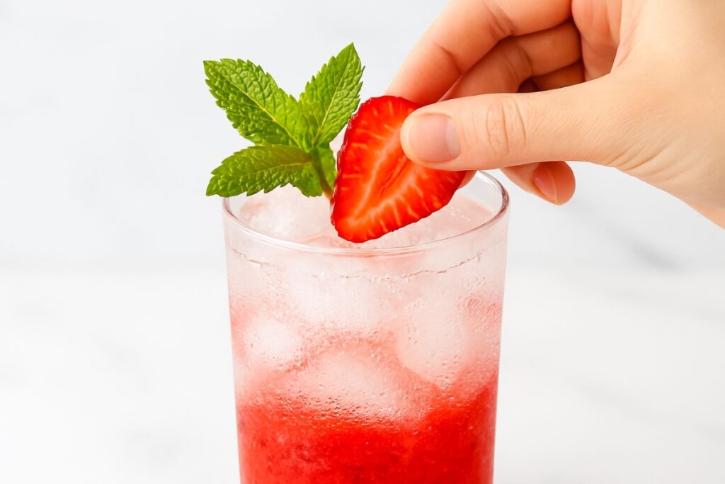 A close-up of a hand placing a fresh green mint sprig and a thin strawberry slice on the rim of a condensation-covered glass.