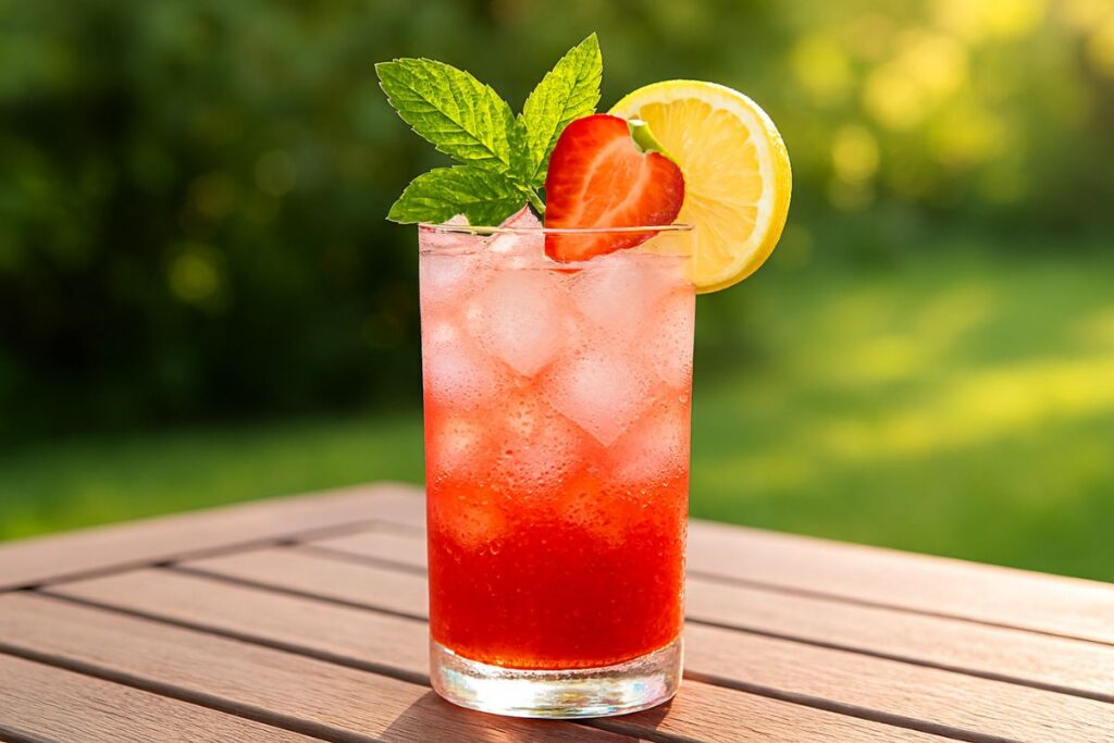 Two tall glasses of layered strawberry lemonade refresher sitting on a garden table in the golden hour sunlight with a blurred green backyard background.