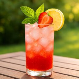 tall glasses of layered strawberry lemonade refresher sitting on a garden table in the golden hour sunlight with a blurred green backyard background.