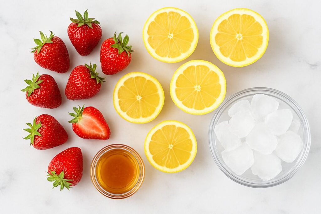 A flat-lay photo of bright red sliced strawberries, two halved lemons, a small jar of organic honey, and a bowl of clear ice cubes on a rustic wooden table.