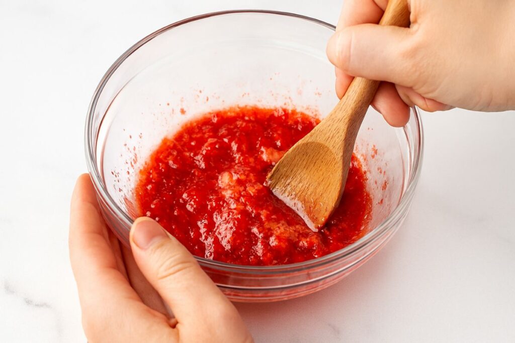 Close-up action shot of a wooden muddler crushing fresh strawberry pieces in a glass mixing bowl to release natural juices.