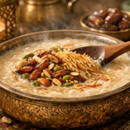 Creamy sheer khurma recipe dessert served in a bowl with saffron, pistachios, dates and almonds.