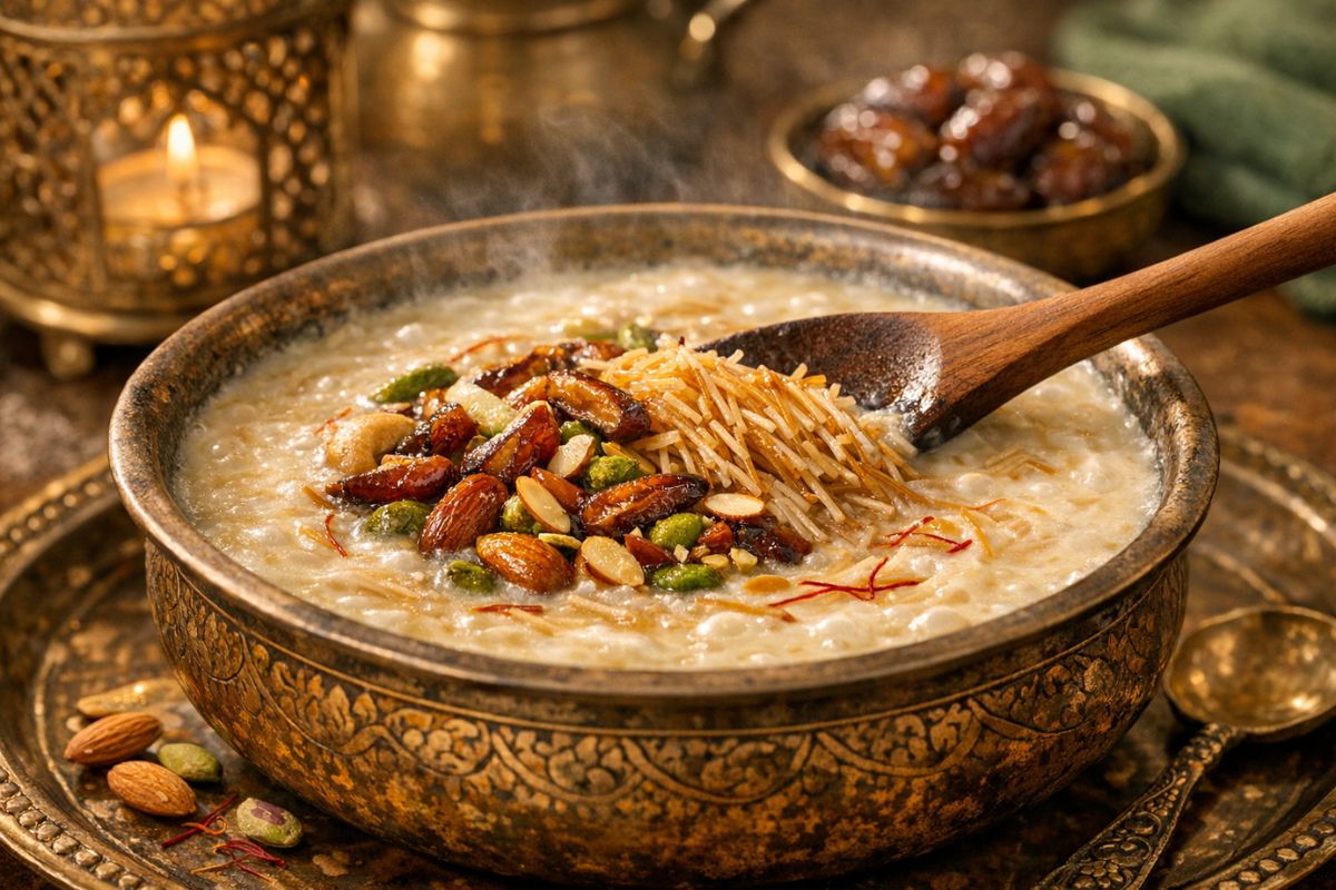 Creamy sheer khurma recipe dessert served in a bowl with saffron, pistachios, dates and almonds.