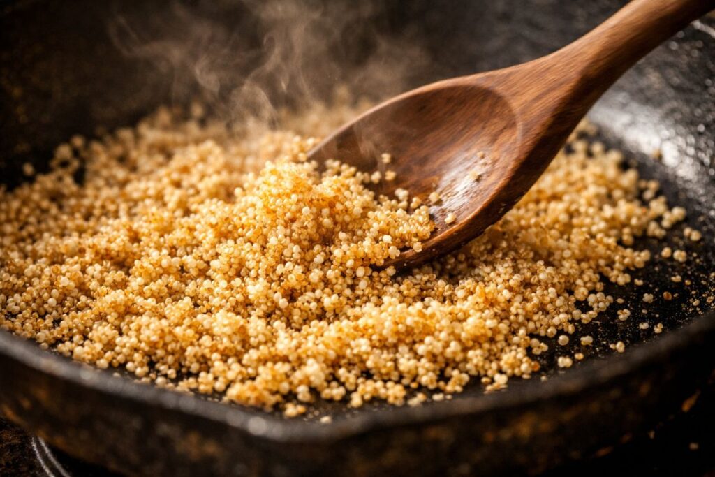 quinoa grains being toasted in dry pan for golden quinoa recipe