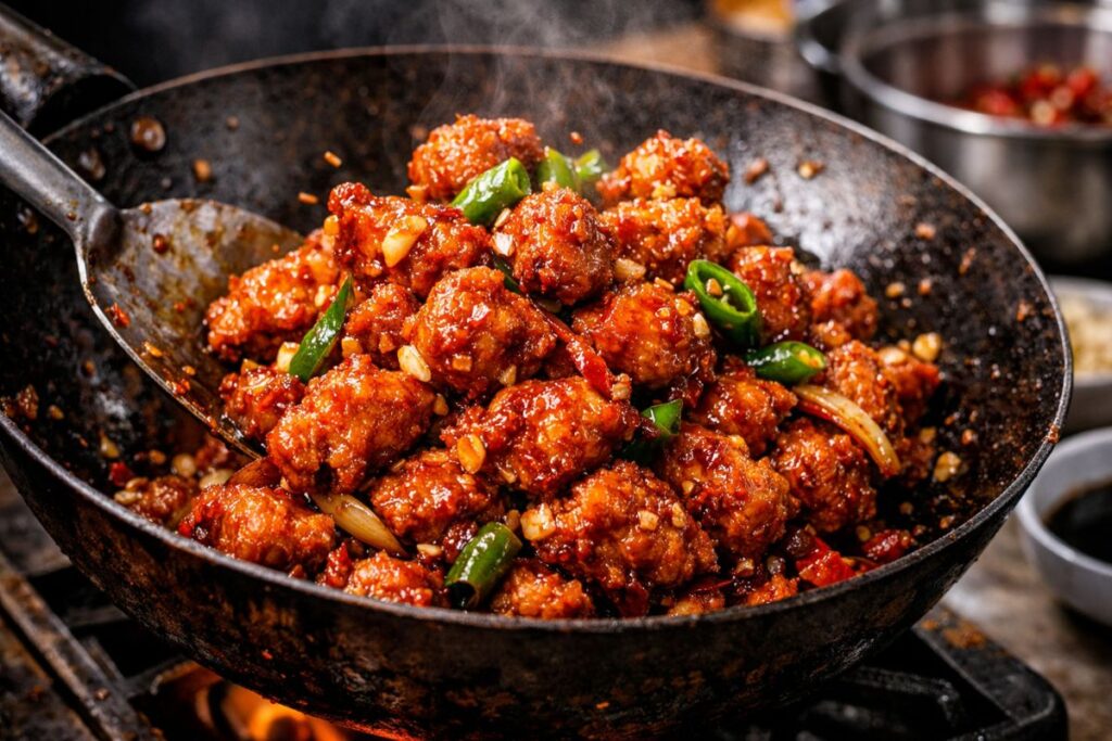 air fried chicken tossed in indo chinese chili garlic sauce