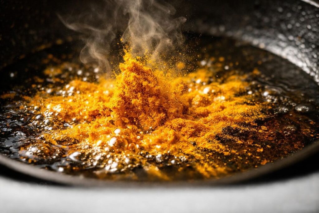 turmeric blooming in oil creating deep golden color in pan