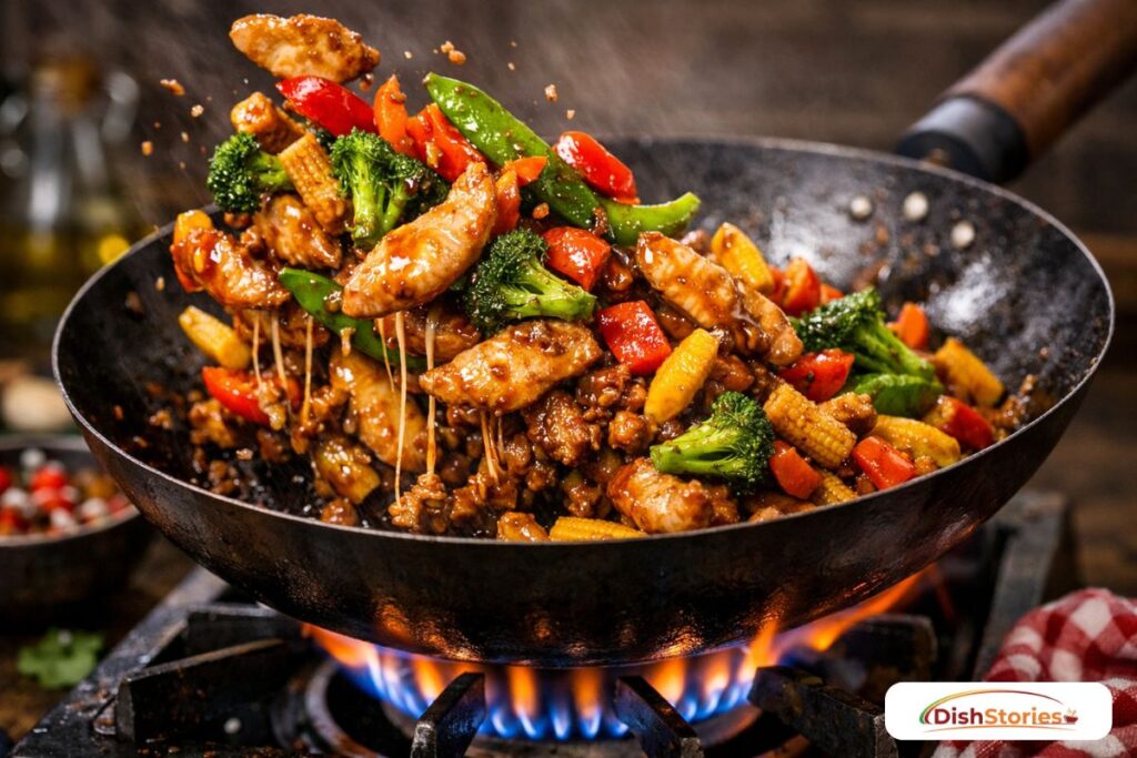 High-heat chicken stir-fry with a glossy sauce and vibrant vegetables.