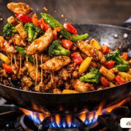 High-heat chicken stir-fry with a glossy sauce and vibrant vegetables.