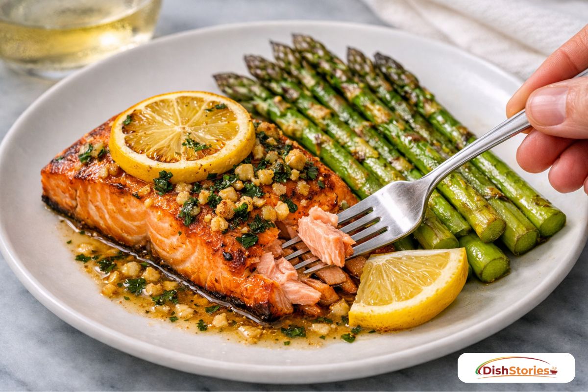 A plated serving of Lemon Garlic Butter Salmon & Asparagus being flaked with a fork for a healthy dinner.
