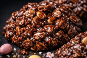 best no bake cookies glossy texture close up with chocolate oats