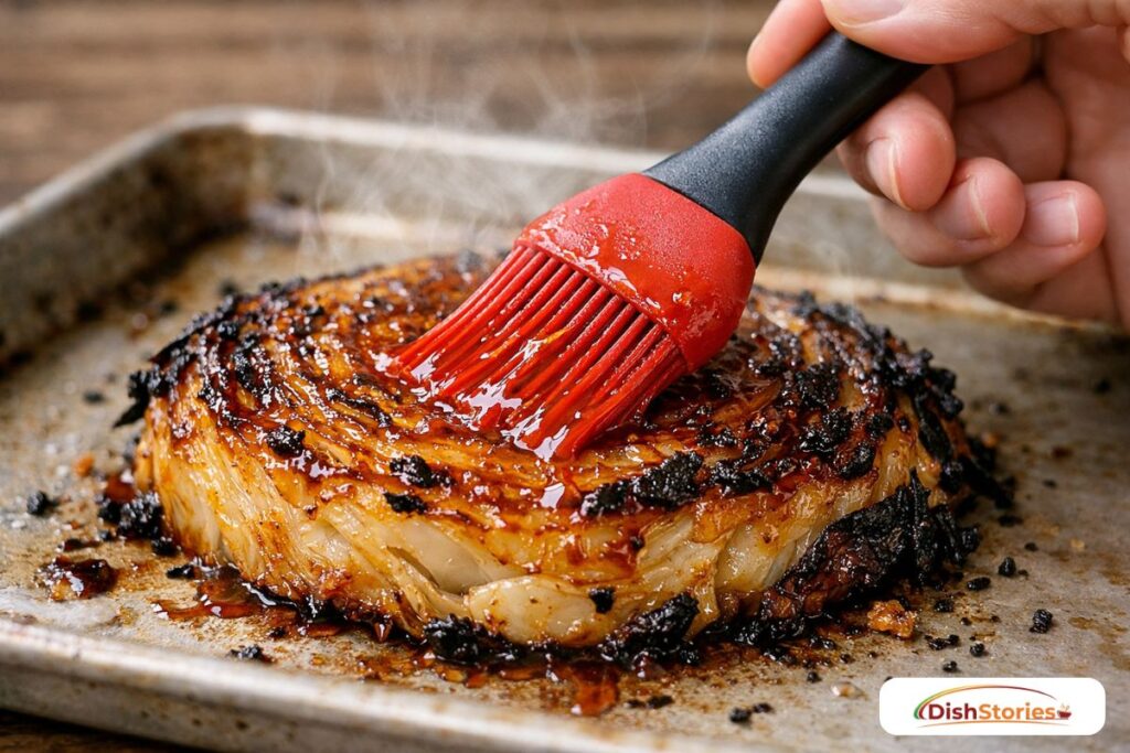 Brushing a spicy-sweet glaze onto cabbage steaks during the roasting process.
