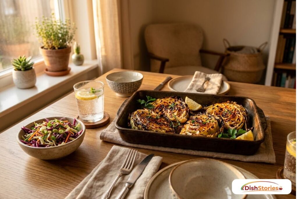 A budget-friendly dinner table featuring hot honey roasted cabbage and fresh slaw.