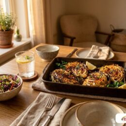 A budget-friendly dinner table featuring hot honey roasted cabbage and fresh slaw.