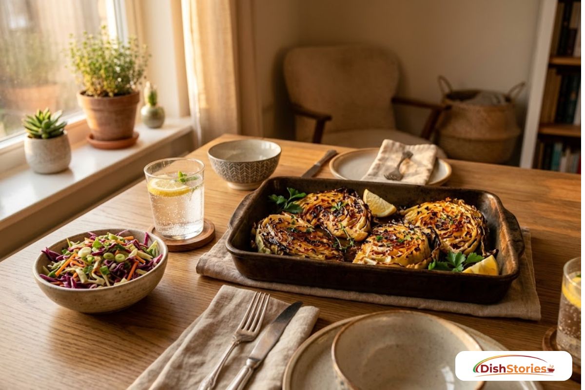 A budget-friendly dinner table featuring hot honey roasted cabbage and fresh slaw.