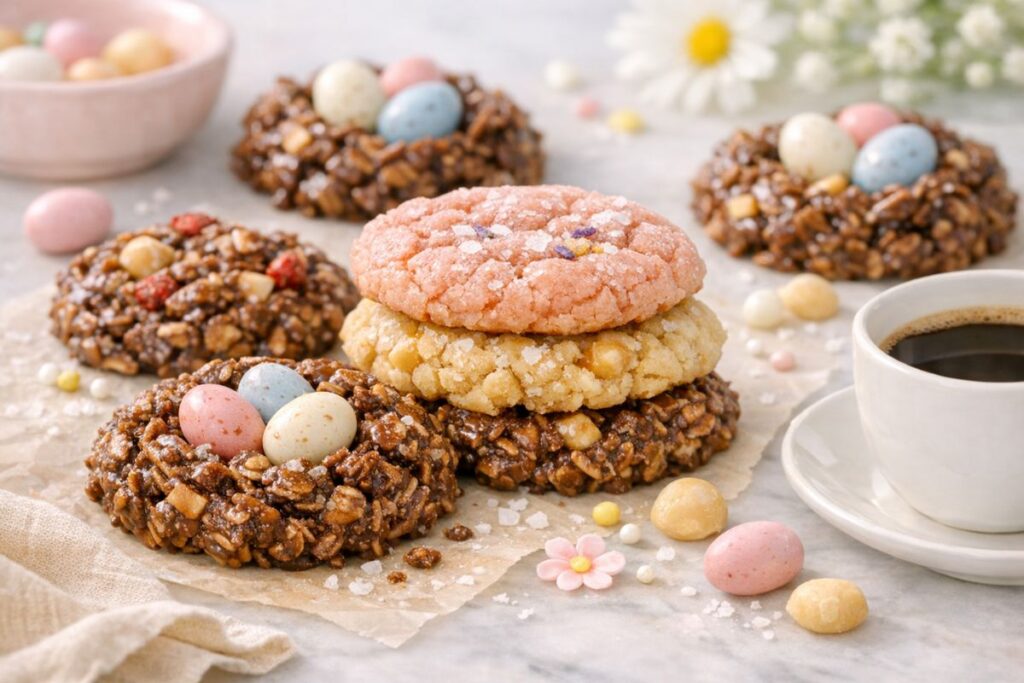 no bake chocolate peanut butter cookies shaped like nests with chocolate eggs