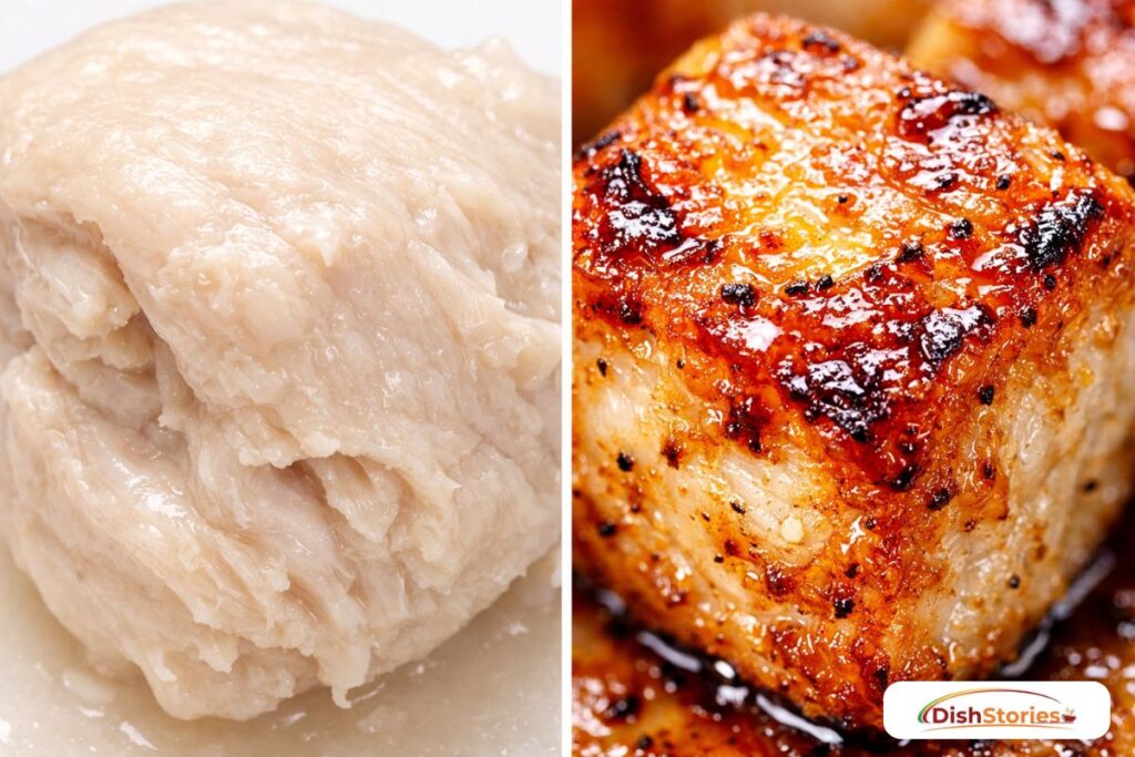 A split-screen style visual showing a pale, steamed piece of chicken next to a golden, perfectly seared firecracker chicken piece for Easy Dinner Ideas