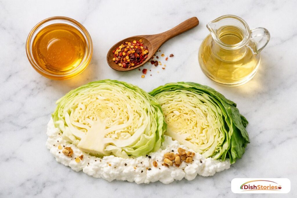 Ingredients for an easy hot honey cabbage steaks recipe including honey, chili flakes, and green cabbage.