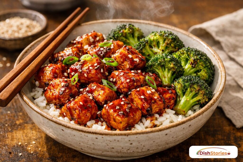 A vibrant bowl of Firecracker Chicken and broccoli served over white rice, garnished with sesame seeds and green onions.