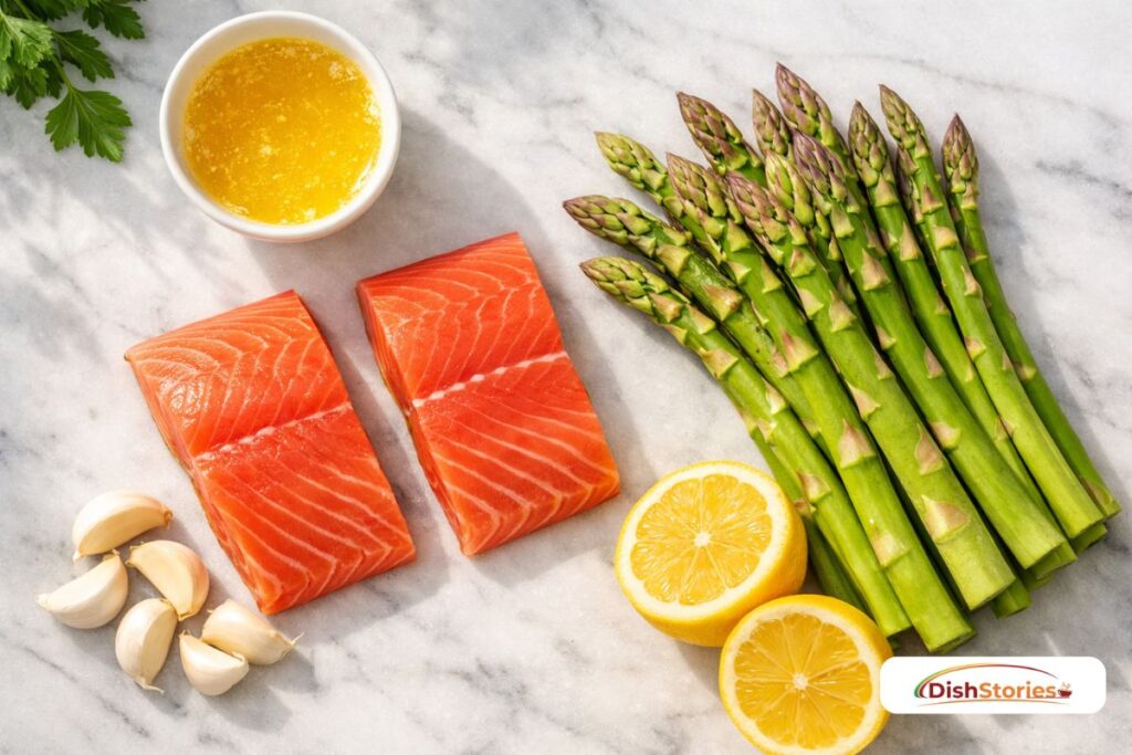 Raw salmon fillets and fresh asparagus stalks on a marble counter with lemon and garlic cloves for prep.