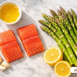 Raw salmon fillets and fresh asparagus stalks on a marble counter with lemon and garlic cloves for prep.