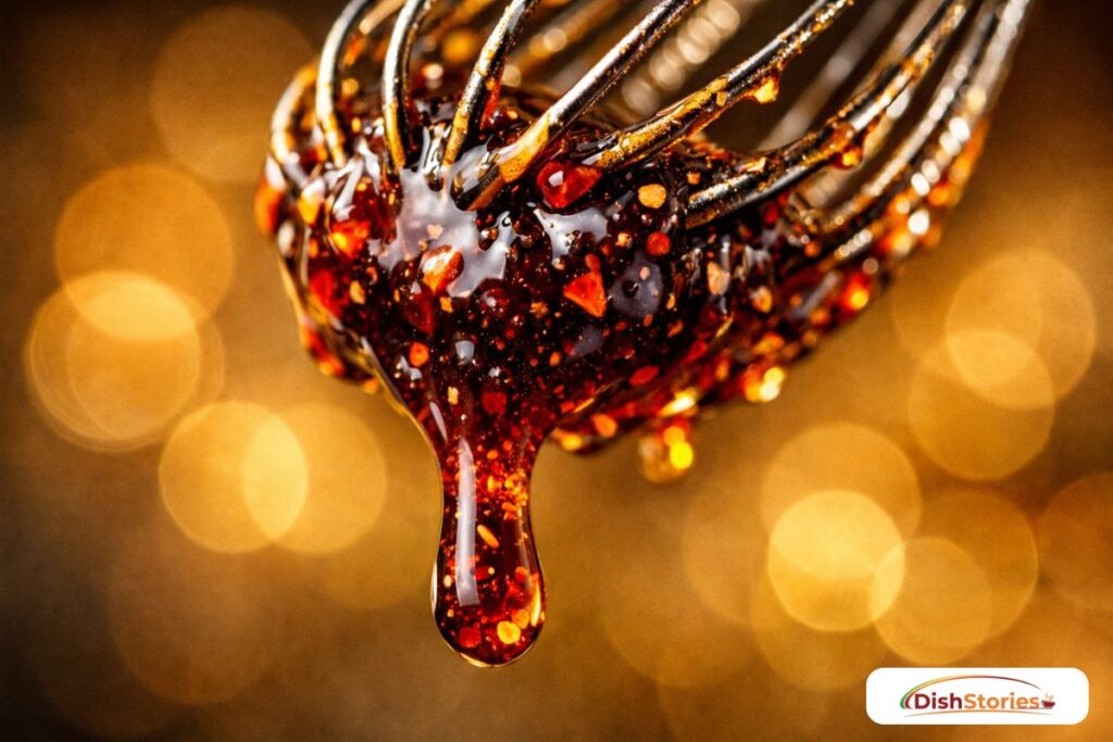 A close-up of a dark, glossy honey-soy glaze being whisked, showing a thick, syrupy consistency.