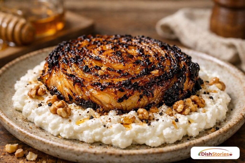 Crispy hot honey cabbage steak served over high-protein whipped cottage cheese.