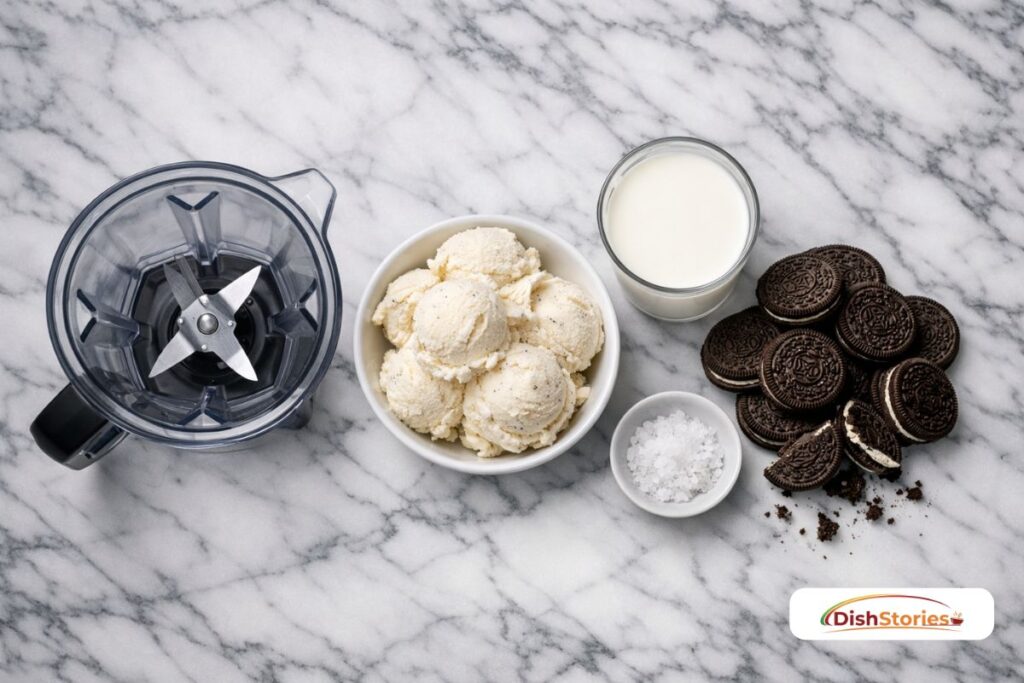 Ingredients for a cookies and cream milkshake including vanilla ice cream, whole milk, Oreos, and sea salt arranged on a kitchen counter.