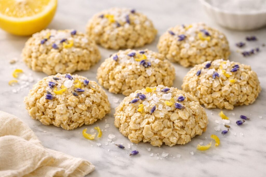 lemon lavender no bake cookies topped with flaky sea salt on marble surface